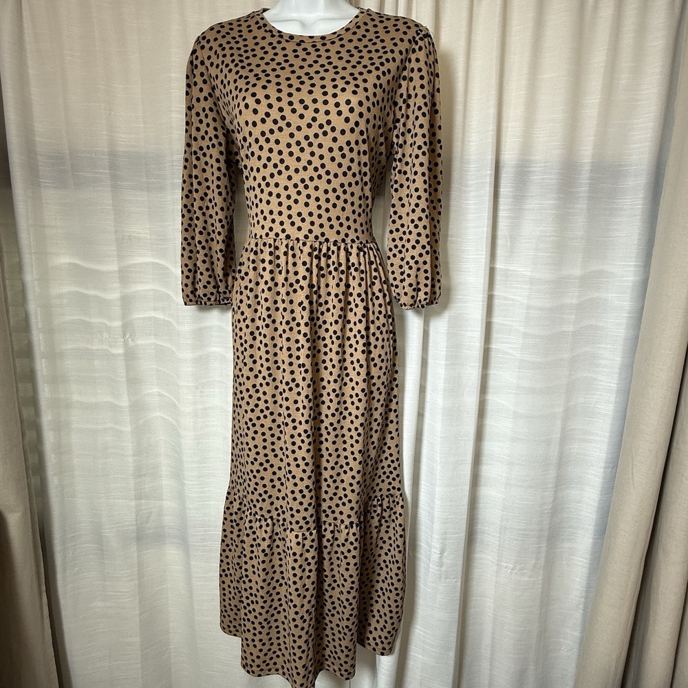 Stradivarius Maxi Dress Women L Tiered Polyester Brown Polka Dot